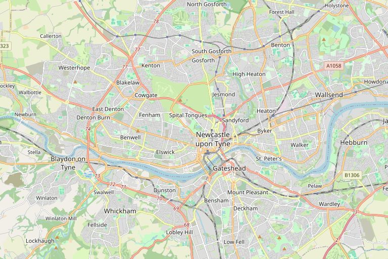 Map of Newcastle upon Tyne and the surrounding area