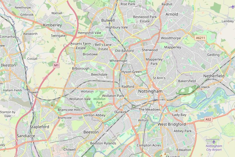 Map of Nottingham and the surrounding area