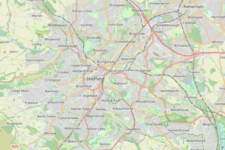 Map of Sheffield and the surrounding area