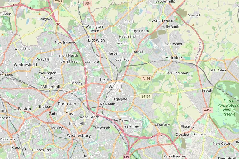 Map of Walsall and the surrounding area