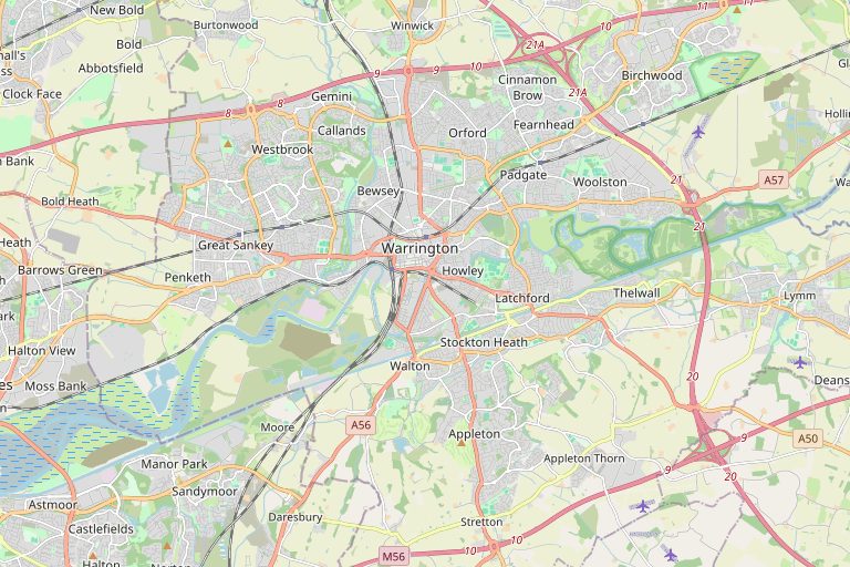 Map of Warrington and the surrounding area