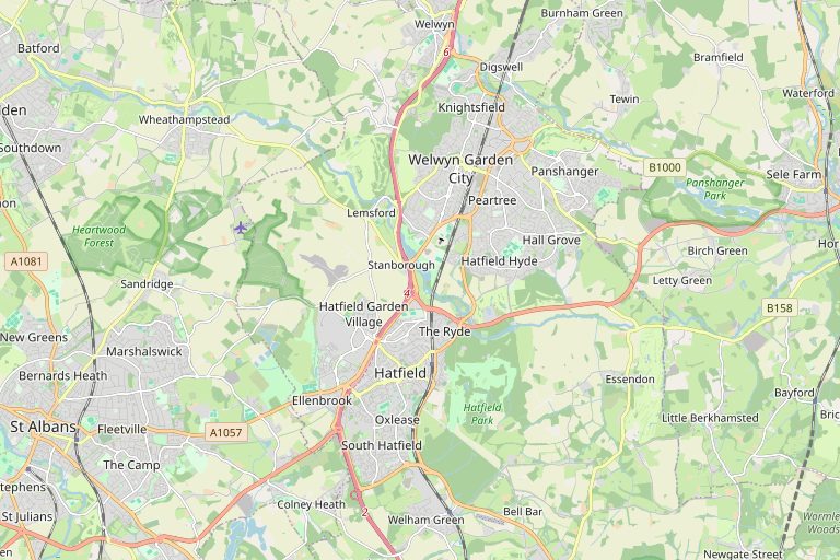 Map of Welwyn Garden City and the surrounding area